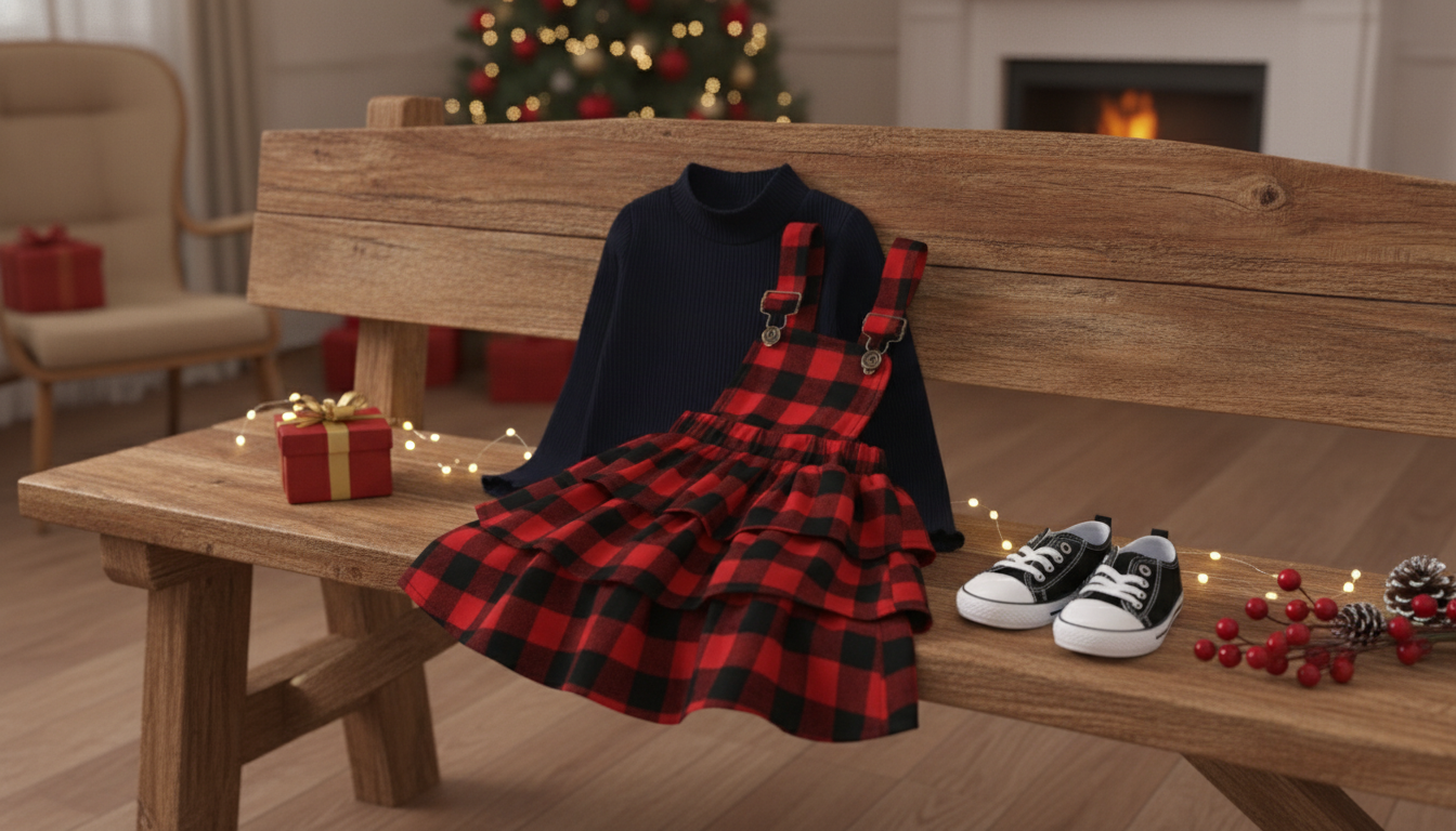 Girls’ Plaid Suspender Dress Set for Christmas Parties