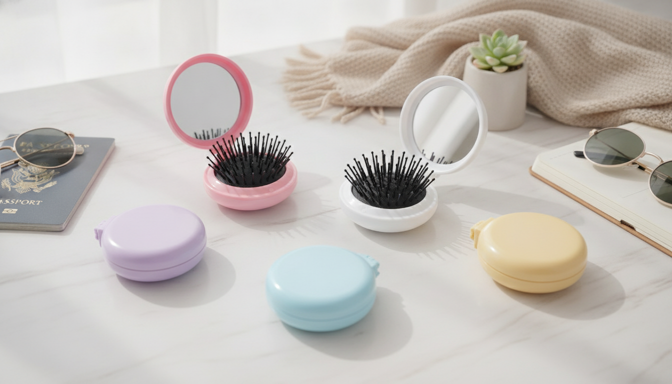 Folding Travel Brush with Mirror: Air-Cushion Detangle
