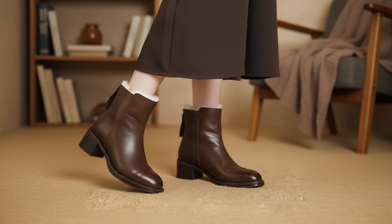 Warm Wool-Lined Leather Ankle Snow Boots (Square Heel)